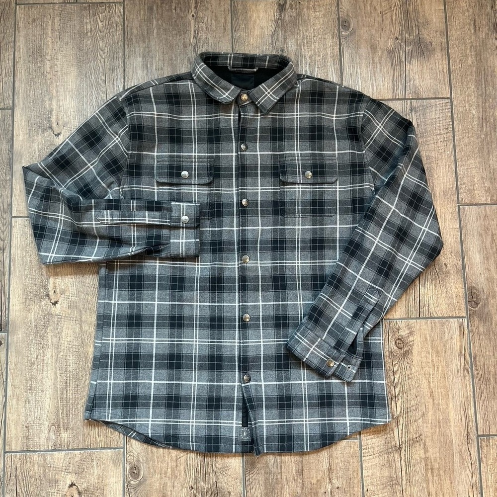Linksoul‎ Shirt Jacket Grey Black Plaid Fleece Lined Snap Button Mens XL